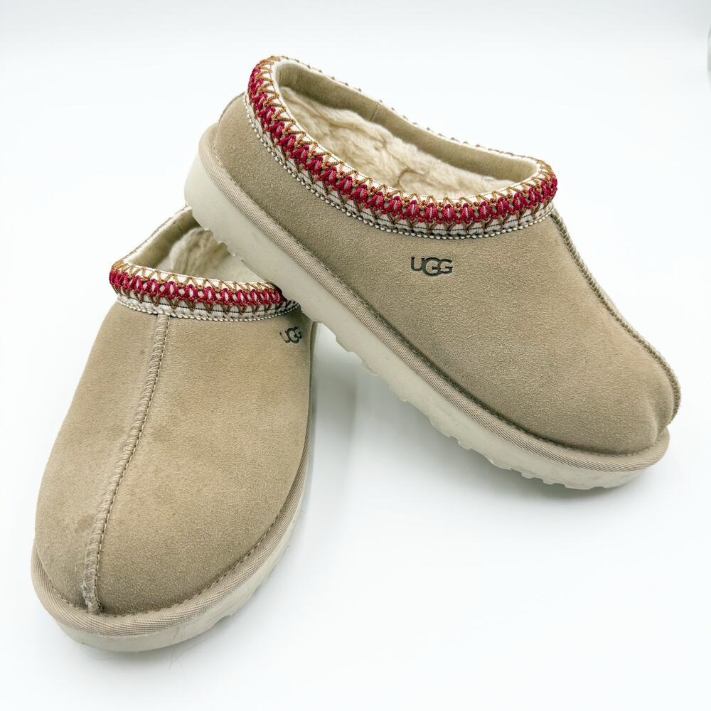 UGG Tasman Slipper Sand Dark Cherry Natural Suede Sheepskin Embroidered Women 8M